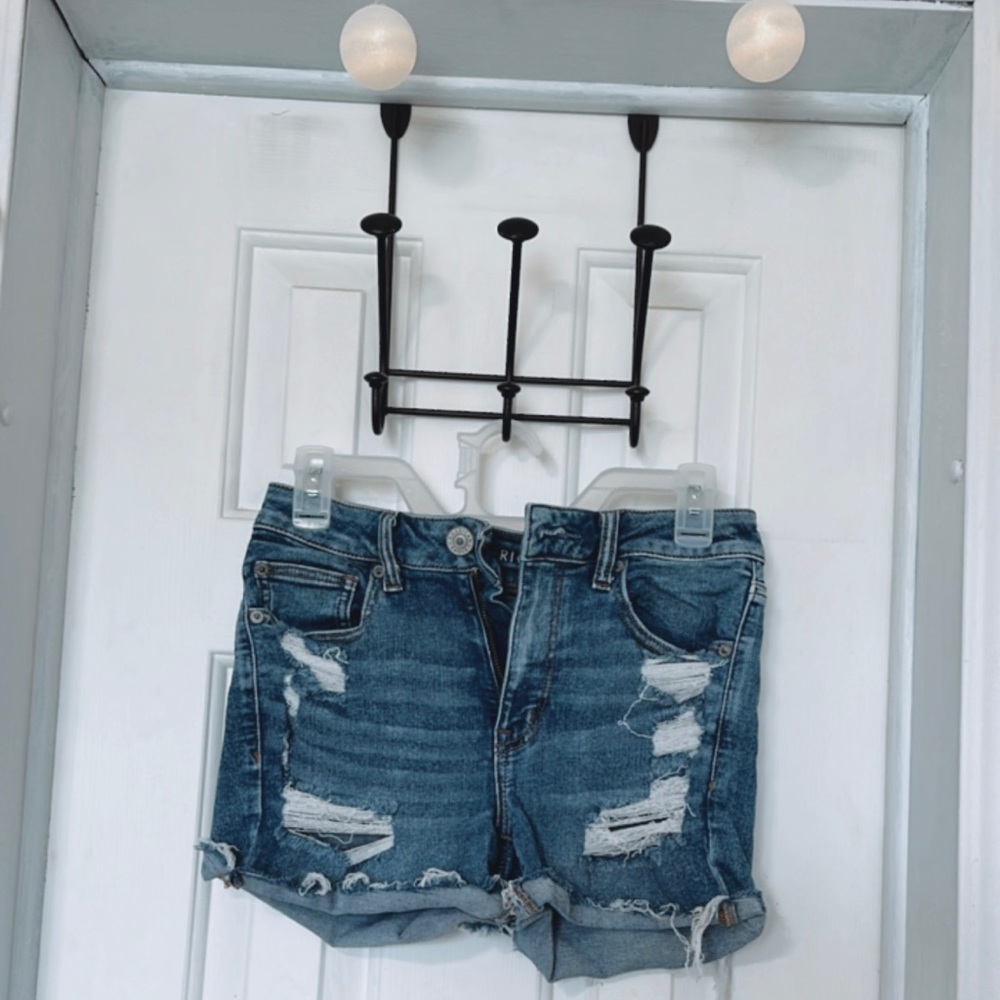 American eagle dark blue wash skinny jean shorts